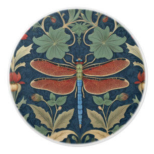 Dragonfly William Morris style Blue & Red Floral Ceramic Knob