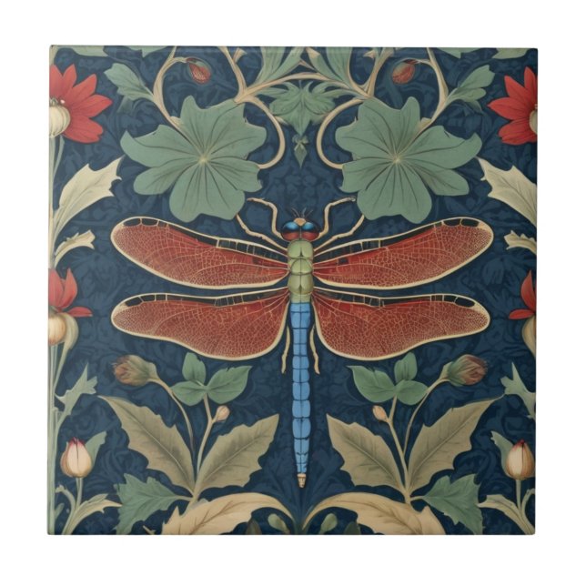 Dragonfly William Morris style Blue & Red Floral Tile (Front)