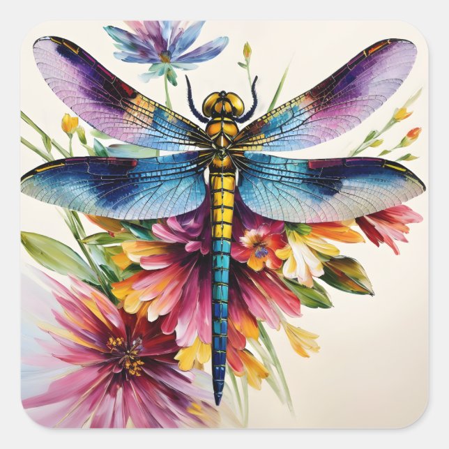 Dragonfly With Flowers Multicolor Art Square Sticker (Front)