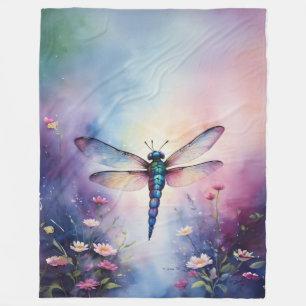 Dragonfly with Flowers Purple Watercolor Fleece Blanket