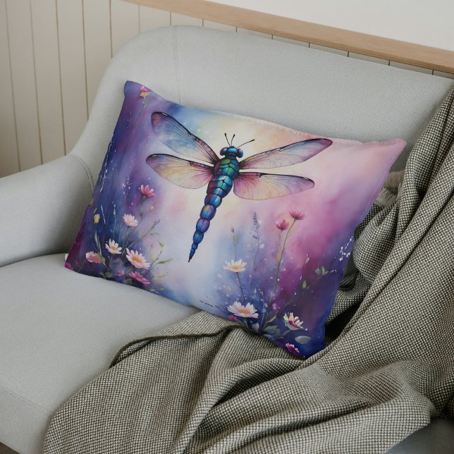 Dragonfly with Flowers Purple Watercolor Lumbar Pillow (Creator Uploaded)