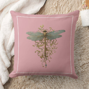 Dragonfly with Gold Filigree White Border Throw Pillow