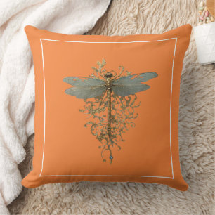 Dragonfly with Gold Filigree White Border Throw Pillow