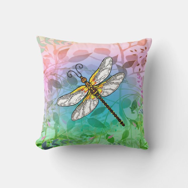 Dragonfly with Leafy Background Outdoor Pillow (Front)