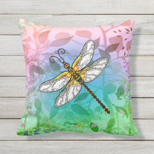 Dragonfly with Leafy Background Outdoor Pillow