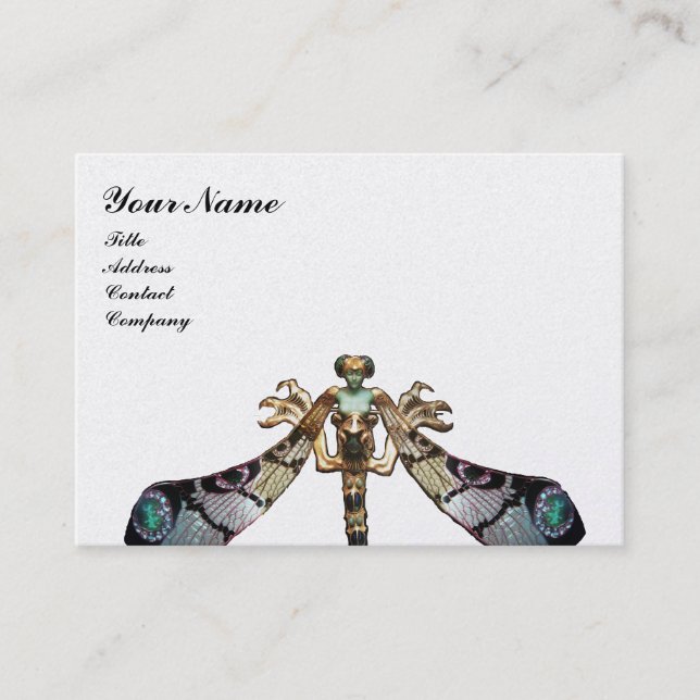 DRAGONFLY WOMAN FANTASY JEWEL Black White Business Card (Front)