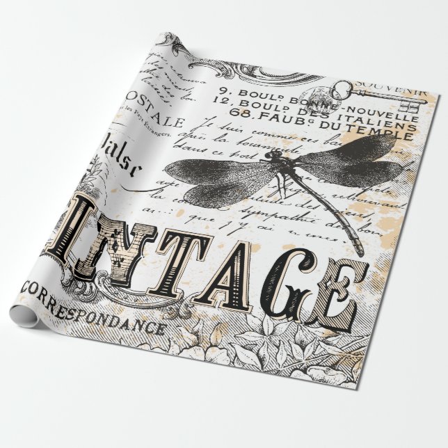 Dragonfly Wrapping Paper - French Vintage (Unrolled)
