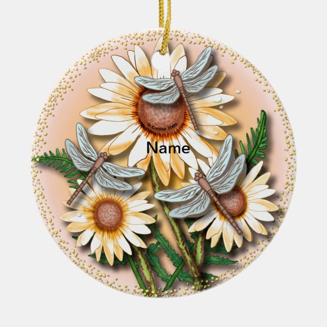 Dragonfly Yellow Daisy  Ceramic Ornament (Front)