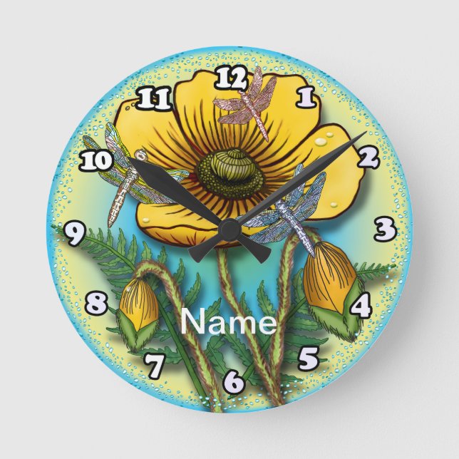 Dragonfly yellow Poppy Round Clock (Front)