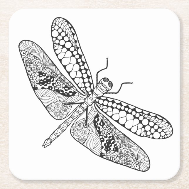 Dragonfly Zendoodle Square Paper Coaster (Front)