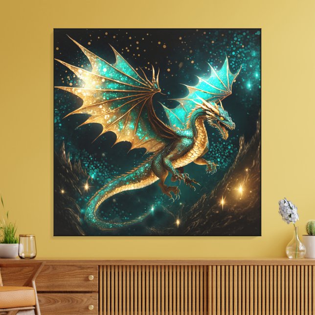 Dragons Are Real Teal Gold ID1005 Canvas Print (Insitu(LivingRoom))