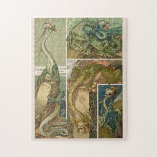 Dragons drawing, art nouveau by Anton Seder Jigsaw Puzzle