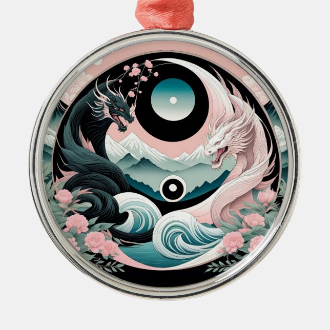 Dragons Floral Mountain Pink Sage Teal Metal Ornament (Front)