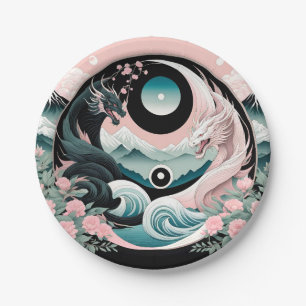 Dragons Floral Mountain Pink Sage Teal Paper Plate