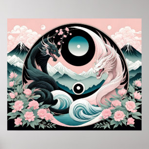 Dragons Floral Mountain Pink Sage Teal Poster