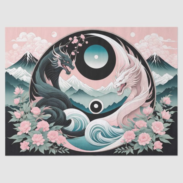 Dragons Floral Mountain Pink Sage Teal Tissue Paper (Front)