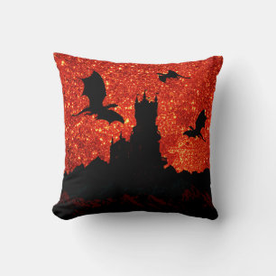 Dragons flying around cliff castle sunrise sparkle throw pillow