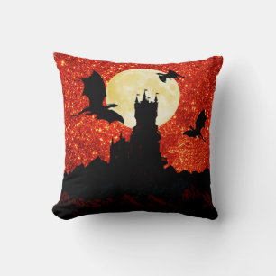 Dragons flying, cliff castle, full moon,  sunrise throw pillow