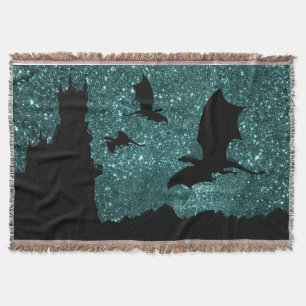 Dragons flying, Dawn/Dusk stary sky cliff castle Throw Blanket