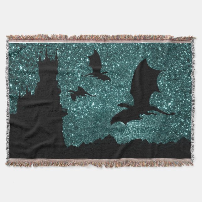 Dragons flying, Dawn/Dusk stary sky cliff castle Throw Blanket (Front)