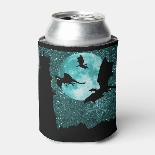 Dragons flying, sparkle early dawn,mountain castle can cooler (Can Front)