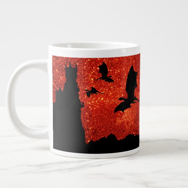 Dragons flying,  Sunrise/sunset sky cliff castle Large Coffee Mug (Left)