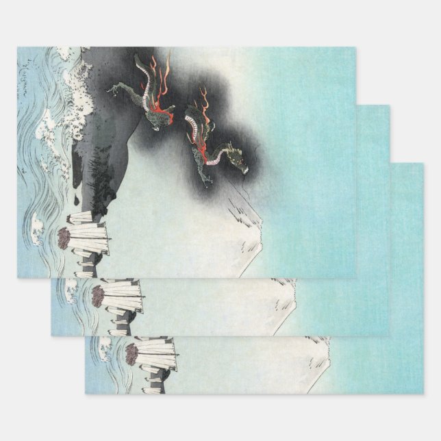 Dragon's Fury Sea Battle for Mount Fuji, Japan Wrapping Paper Sheet (Set)