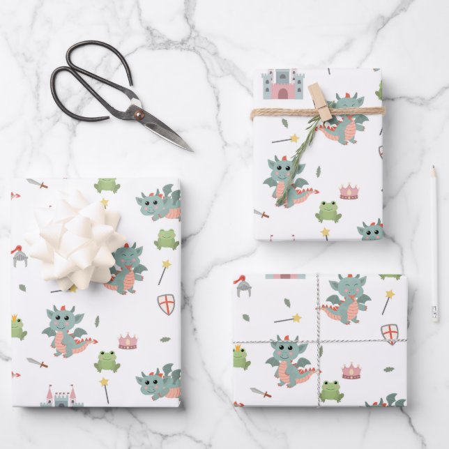 Dragons Knights Fairytale Medieval Castle Wrapping Paper Sheet (Front)