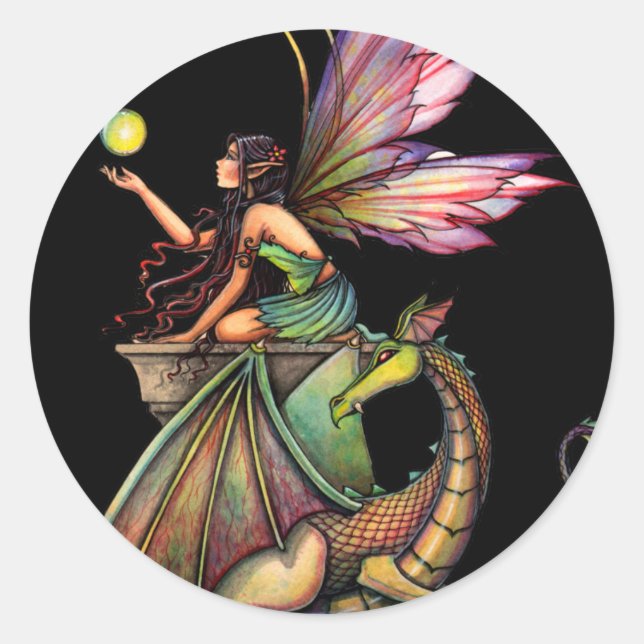 Dragon's Orbs Fairy and Dragon by Molly Harrison Classic Round Sticker (Front)