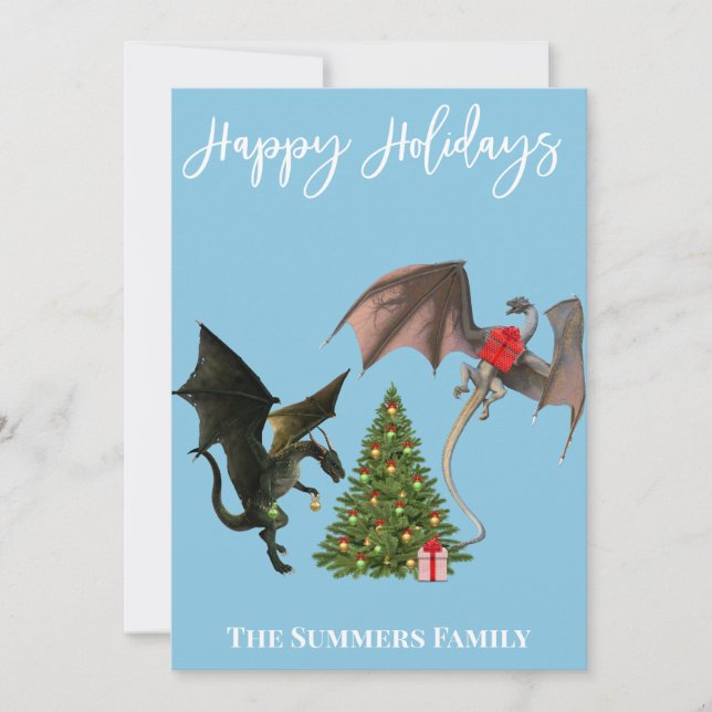 Dragons with Christmas Tree Holiday Card (Front)