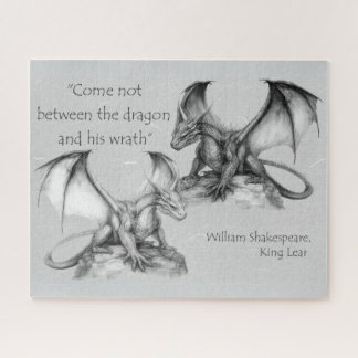 Dragons with King Lear quote black, grey, white Jigsaw Puzzle
