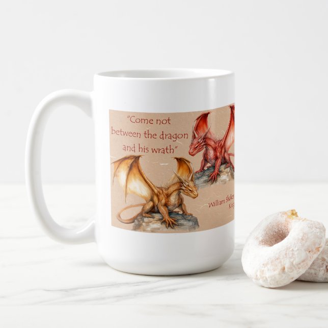 Dragons with King Lear quote red, gold,white Mug (With Donut)