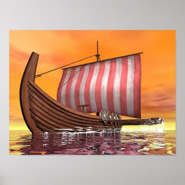 Drakkar or viking ship - 3D render Poster (Front)