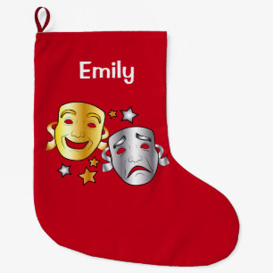Drama Masks Gold and Silver Name Customizable Large Christmas Stocking