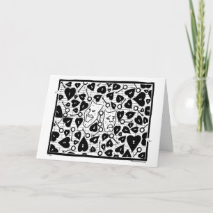 Drama masks, hearts, keys, maze. Greeting Card. Card