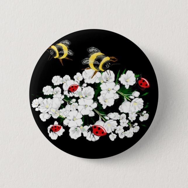 Dramatic Bees ladybugs and white flowers on black 2 Inch Round Button (Front)