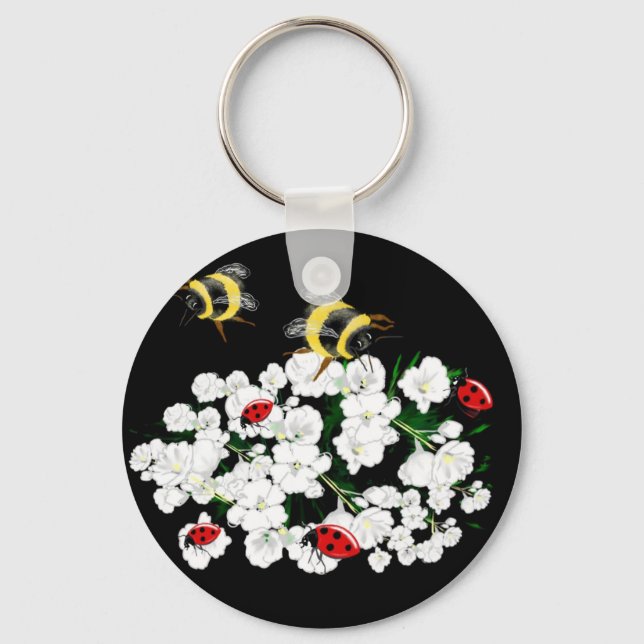 Dramatic Bees ladybugs and white flowers on black Keychain (Front)