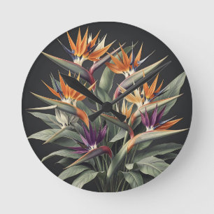 Dramatic Bird of Paradise Tropical Bouquet Round Clock