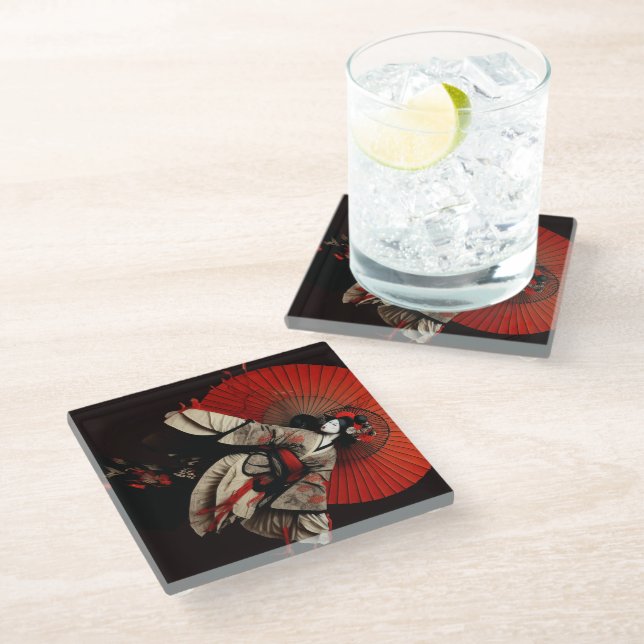 Dramatic Black and Red Kabuki Theatre   Glass Coaster (Angled)