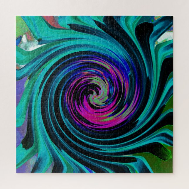Dramatic Black and Turquoise Abstract Retro Twirl Jigsaw Puzzle (Vertical)