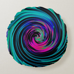 Dramatic Black and Turquoise Abstract Retro Twirl Round Pillow