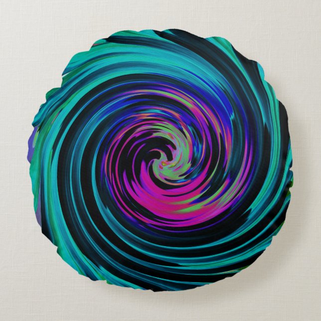Dramatic Black and Turquoise Abstract Retro Twirl Round Pillow (Front)
