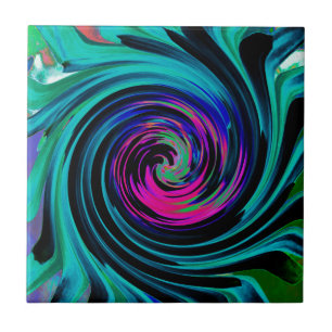 Dramatic Black and Turquoise Abstract Retro Twirl Tile