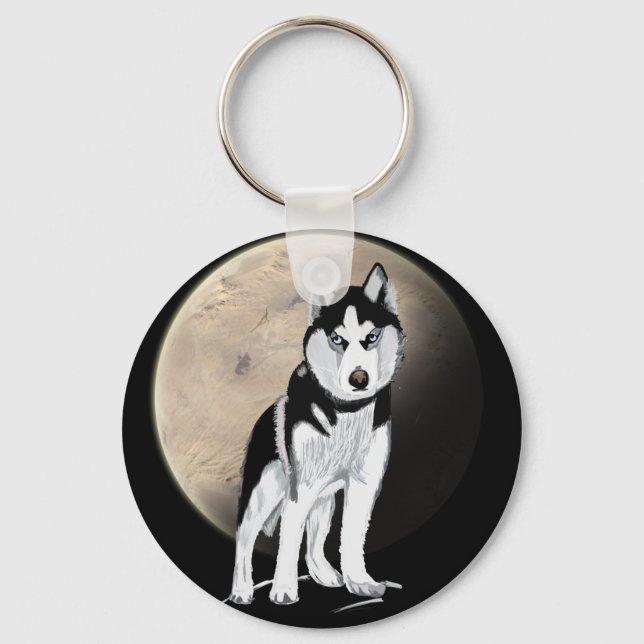 Dramatic Black and White Husky against Full Moon Keychain (Front)