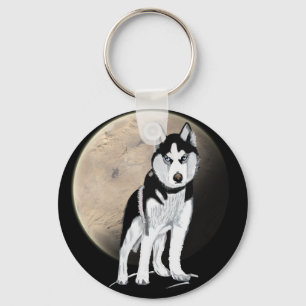 Dramatic Black and White Husky against Full Moon Keychain