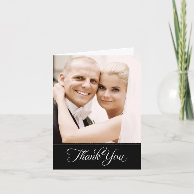 Dramatic Black Banner Photo Wedding Thank You Card (Front)
