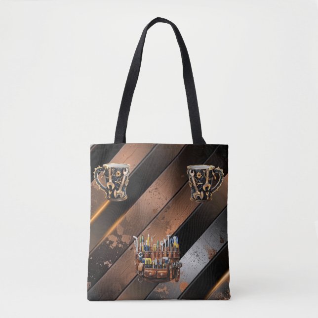 Dramatic Black & Copper Tool Mug Shoulder Tote Bag (Front)