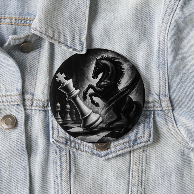 Dramatic Black Horse vs. King – Bold Chess Artwork 4 Inch Round Button (In Situ)