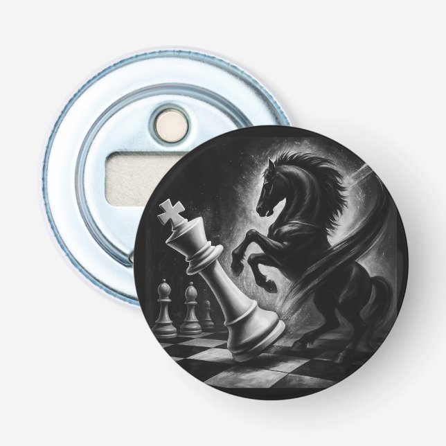 Dramatic Black Horse vs. King – Bold Chess Artwork Bottle Opener (Front)