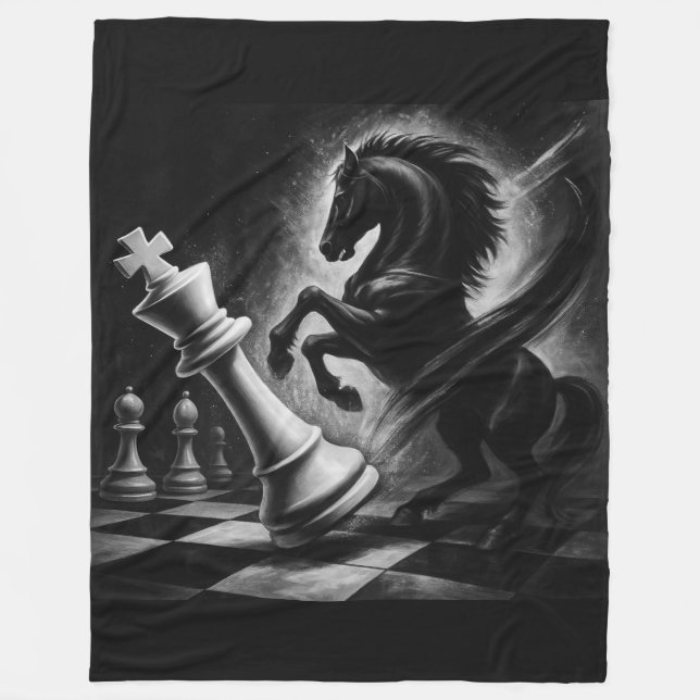 Dramatic Black Horse vs. King – Bold Chess Artwork Fleece Blanket (Front)